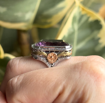 Antique Art Deco Cocktail Ring with Amethyst in Two Tone Filigree 14K White Gold