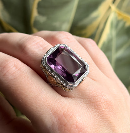 Antique Art Deco Cocktail Ring with Amethyst in Two Tone Filigree 14K White Gold