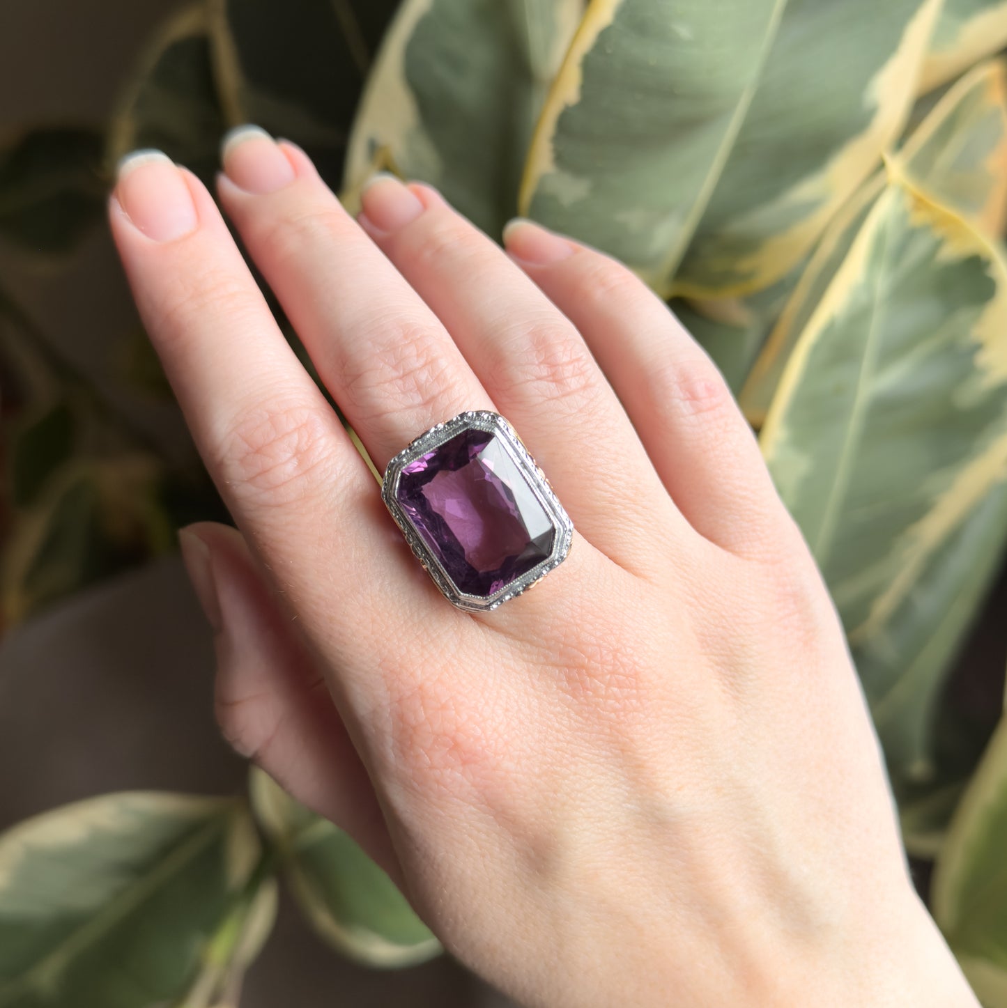 Antique Art Deco Cocktail Ring with Amethyst in Two Tone Filigree 14K White Gold