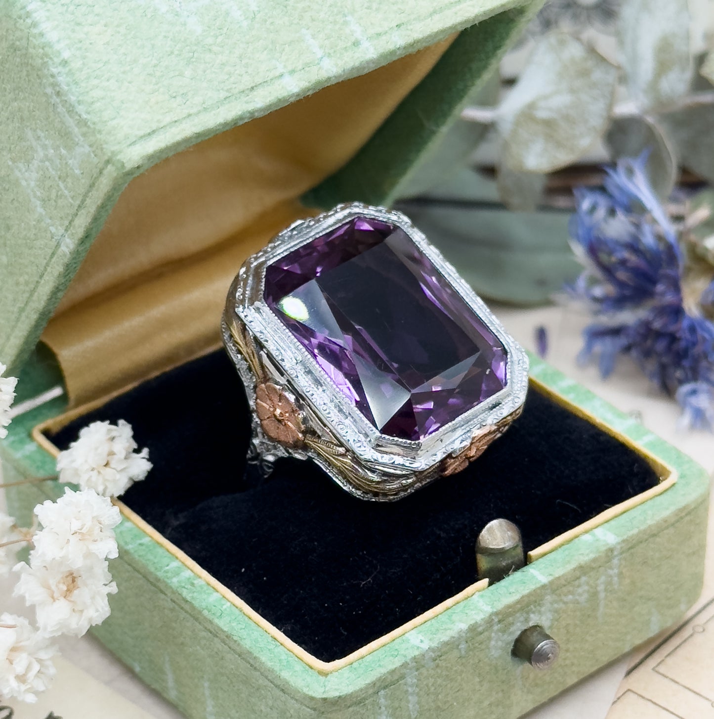 Antique Art Deco Cocktail Ring with Amethyst in Two Tone Filigree 14K White Gold