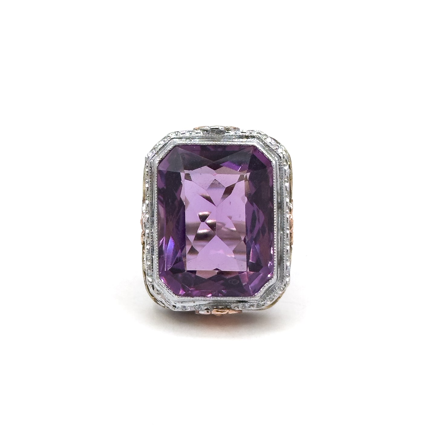 Antique Art Deco Cocktail Ring with Amethyst in Two Tone Filigree 14K White Gold