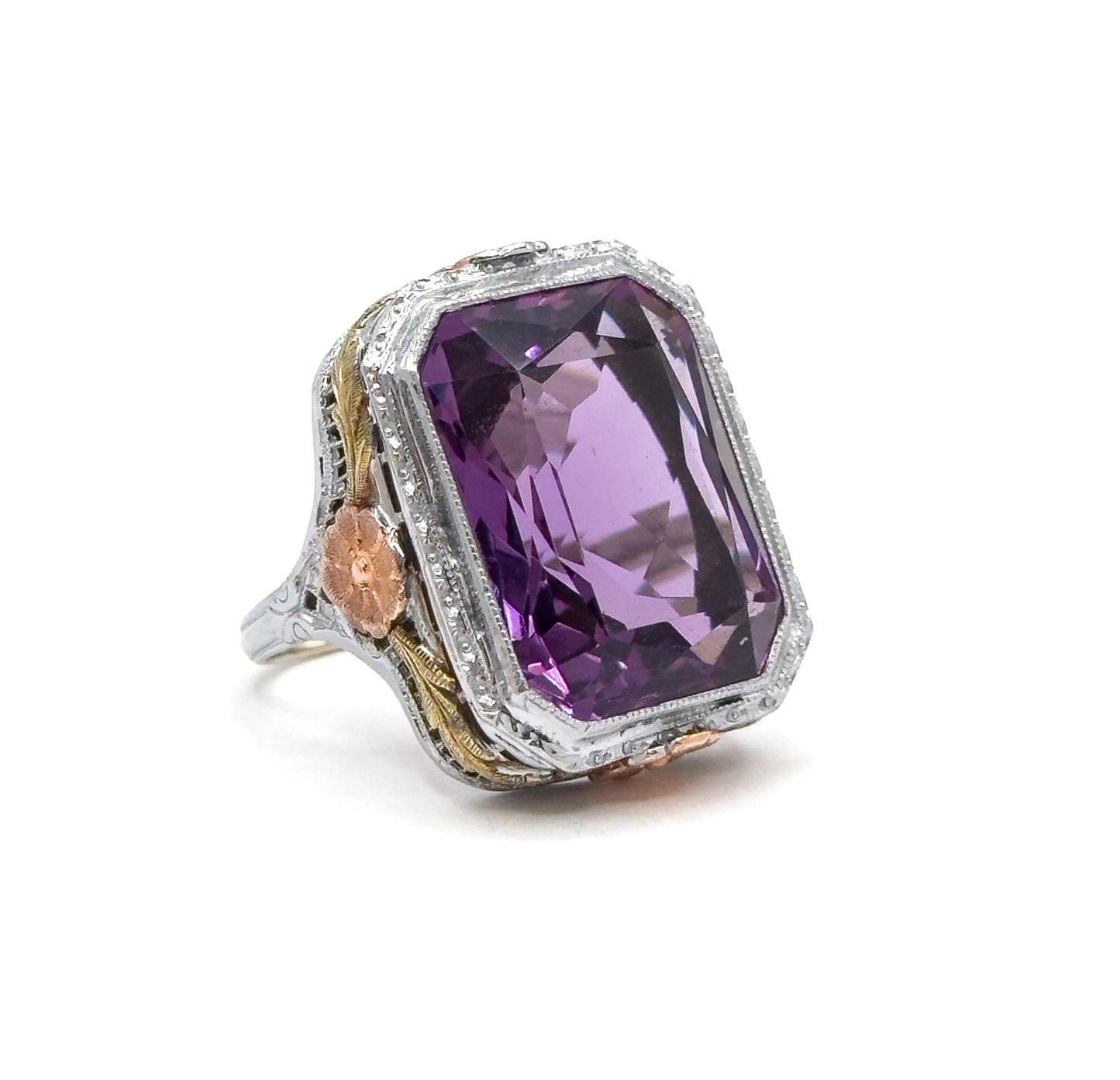 Antique Art Deco Cocktail Ring with Amethyst in Two Tone Filigree 14K White Gold