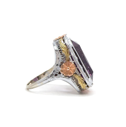 Antique Art Deco Cocktail Ring with Amethyst in Two Tone Filigree 14K White Gold