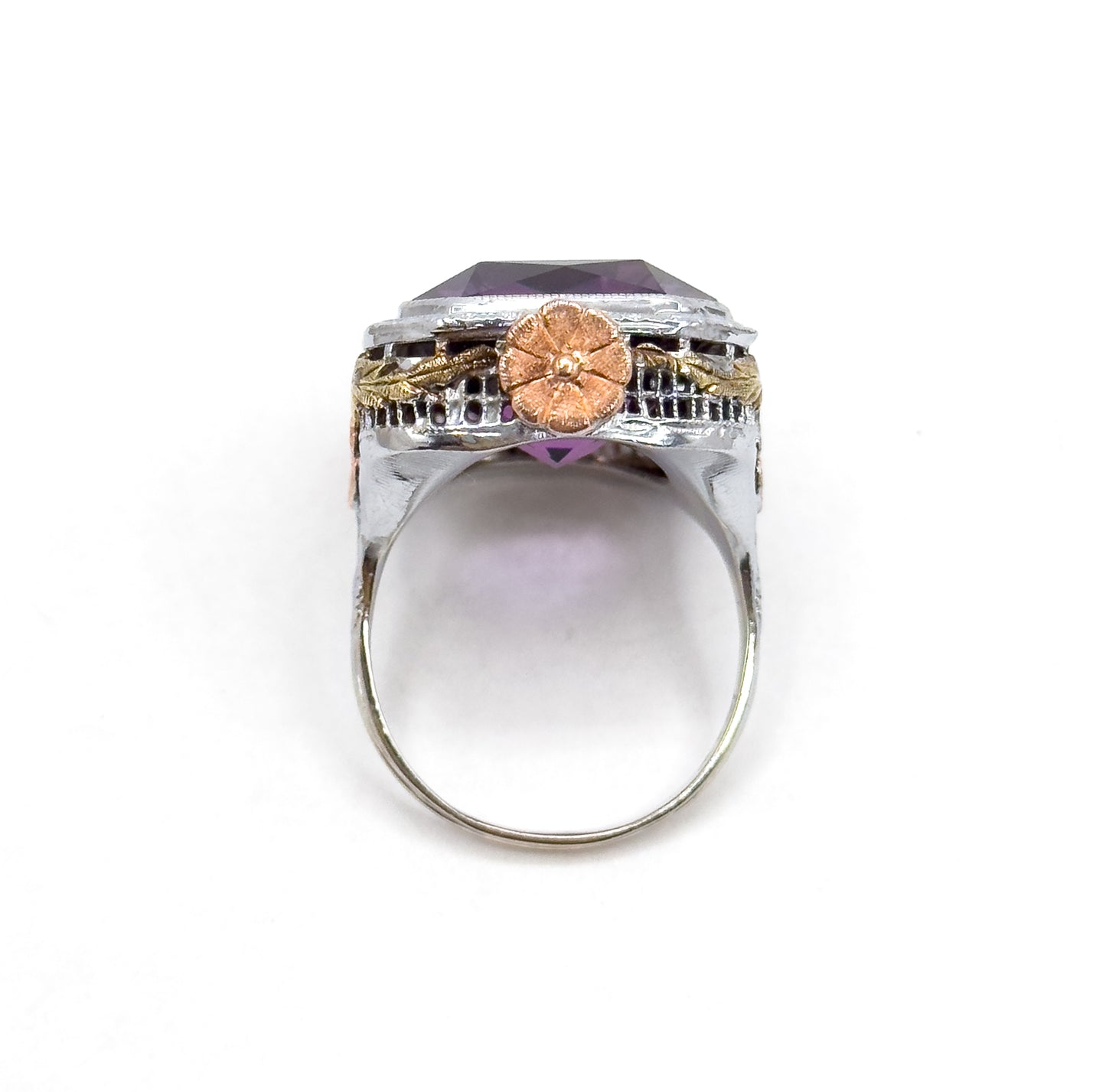 Antique Art Deco Cocktail Ring with Amethyst in Two Tone Filigree 14K White Gold