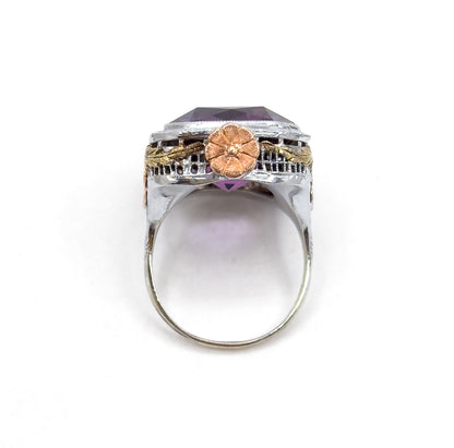 Antique Art Deco Cocktail Ring with Amethyst in Two Tone Filigree 14K White Gold