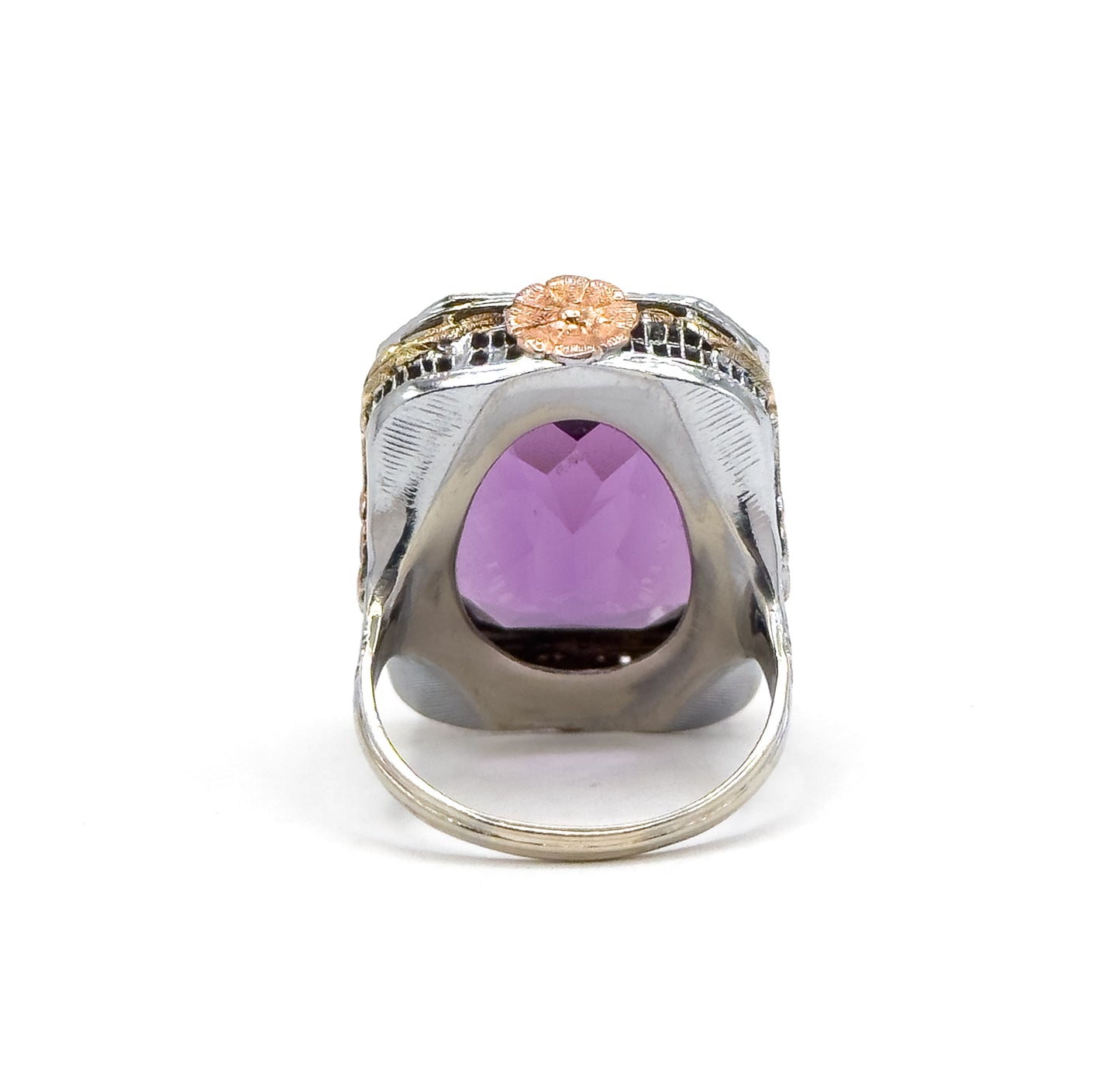 Antique Art Deco Cocktail Ring with Amethyst in Two Tone Filigree 14K White Gold