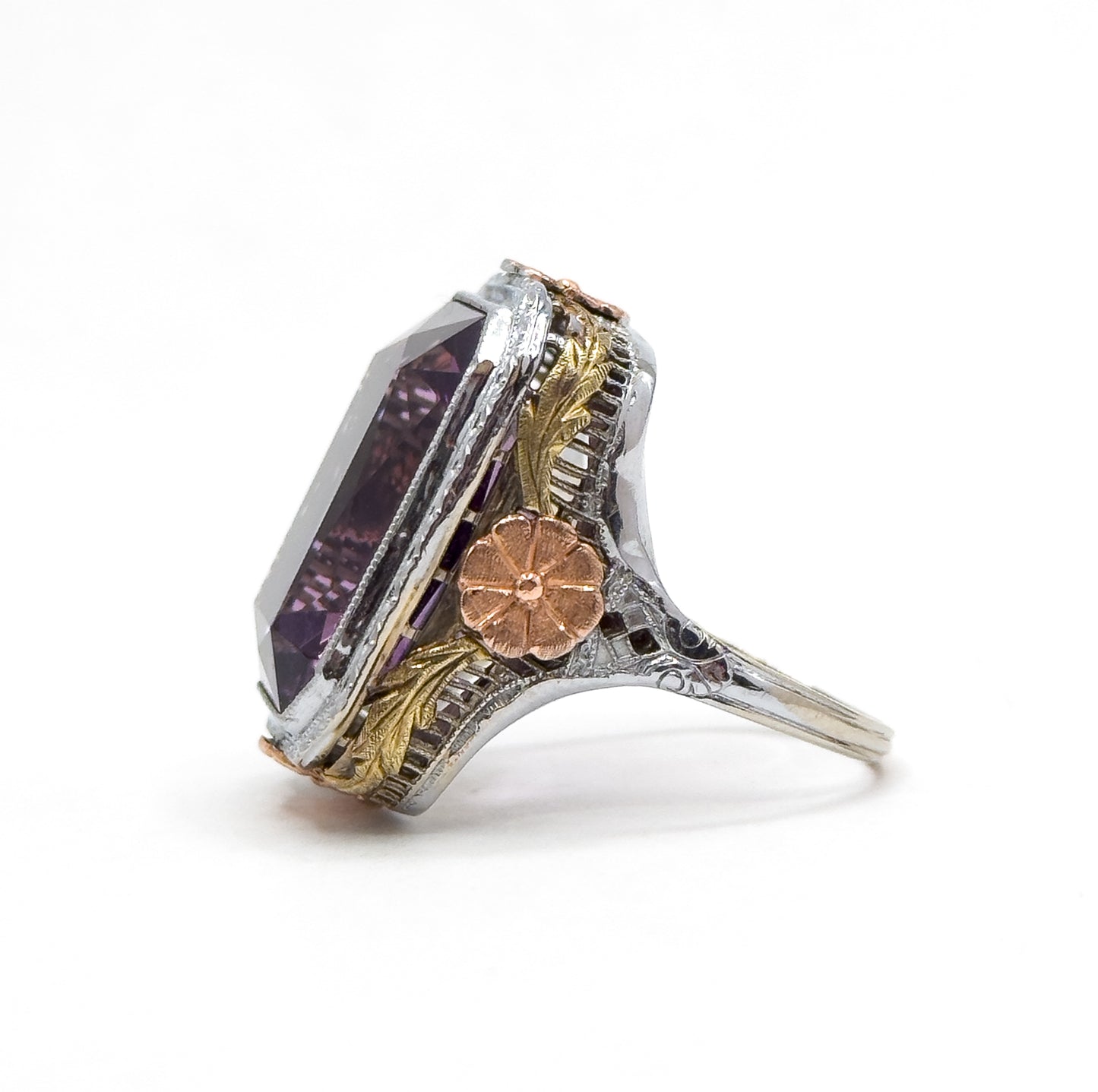Antique Art Deco Cocktail Ring with Amethyst in Two Tone Filigree 14K White Gold