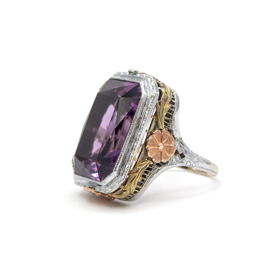 Antique Art Deco Cocktail Ring with Amethyst in Two Tone Filigree 14K White Gold