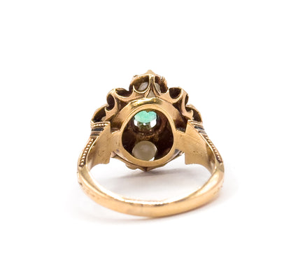 Victorian Emerald & Pearl Ring with Black Enamel in 14K Gold - As Is