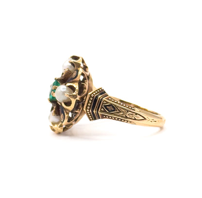 Victorian Emerald & Pearl Ring with Black Enamel in 14K Gold - As Is