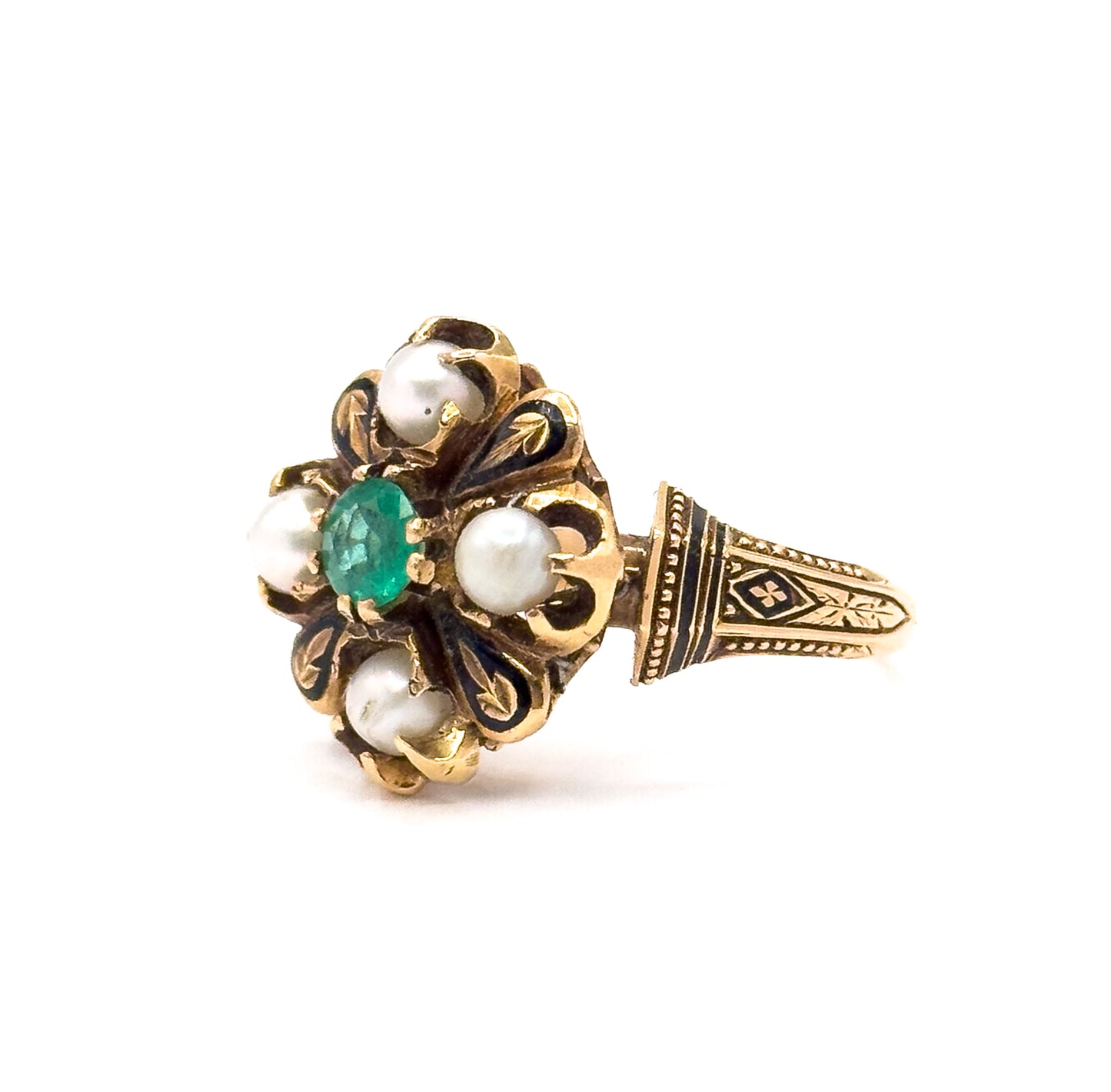 Victorian Emerald & Pearl Ring with Black Enamel in 14K Gold - As Is