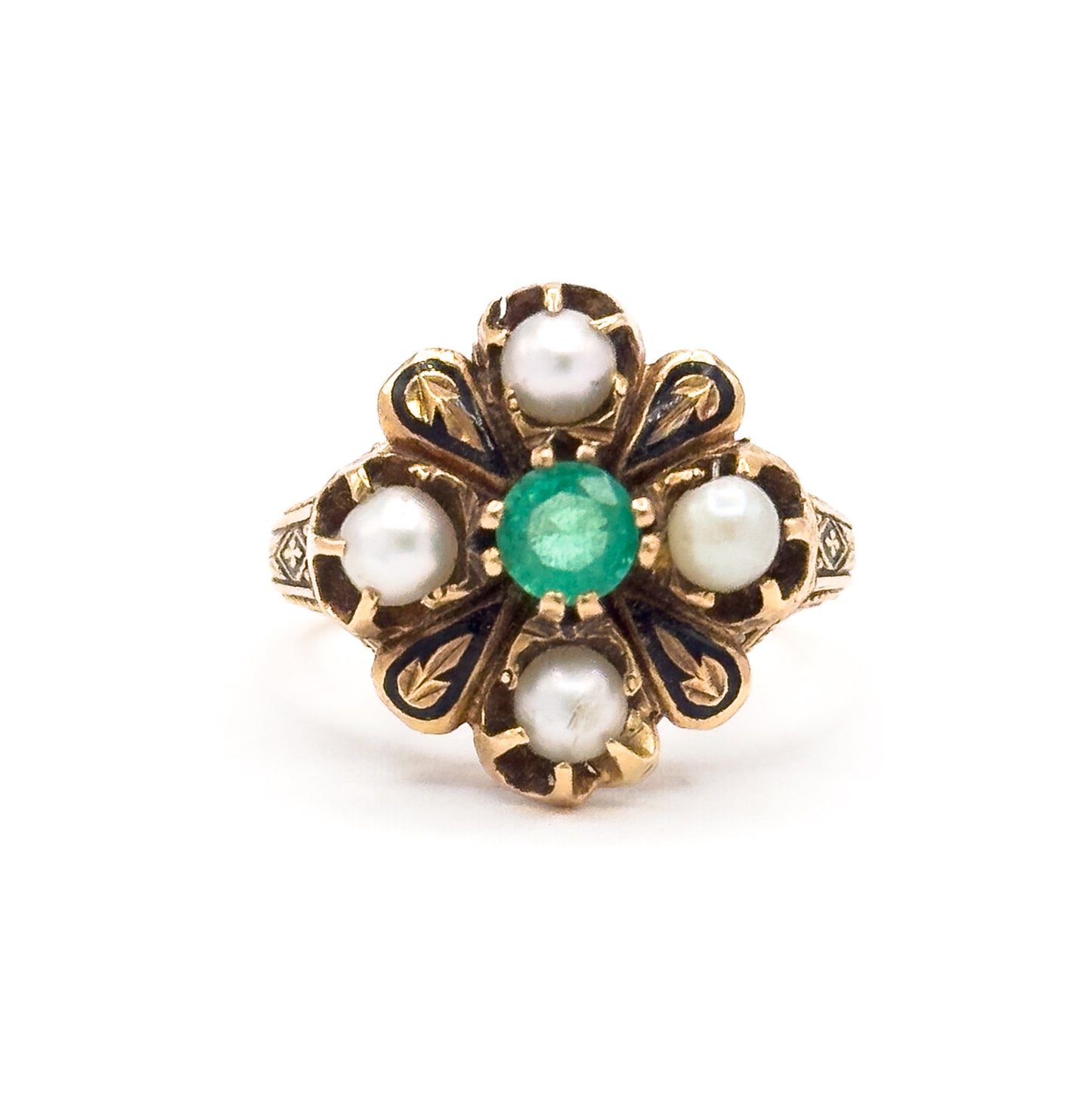 Victorian Emerald & Pearl Ring with Black Enamel in 14K Gold - As Is