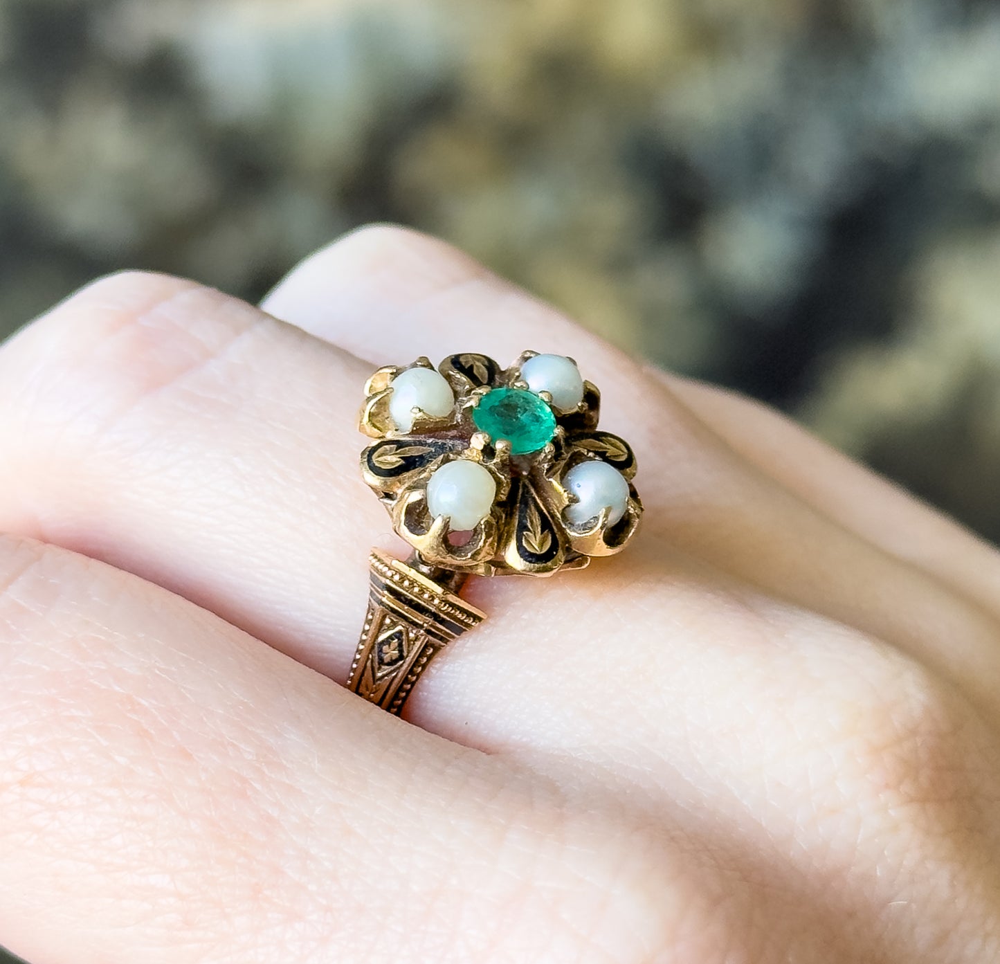 Victorian Emerald & Pearl Ring with Black Enamel in 14K Gold - As Is