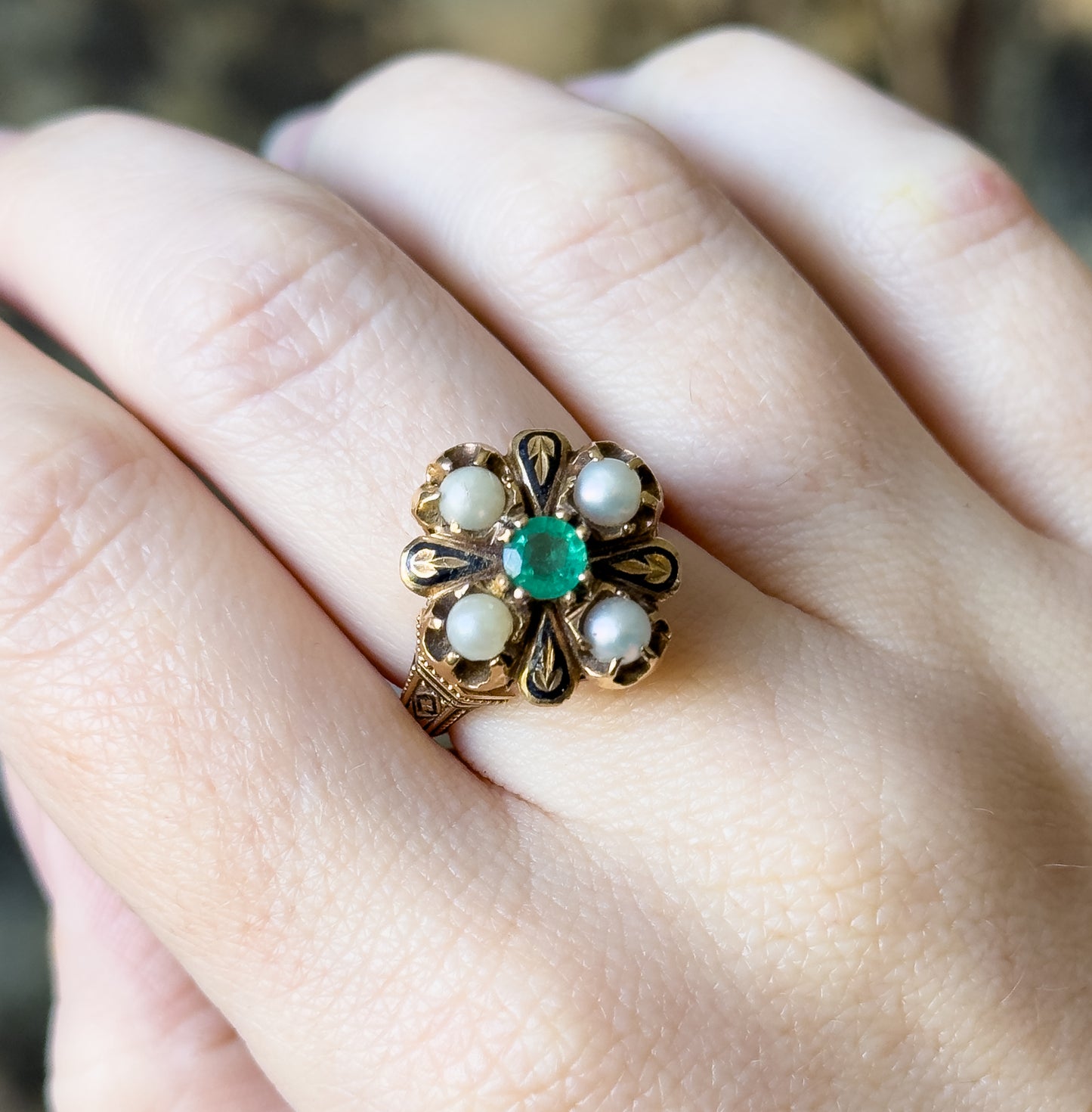 Victorian Emerald & Pearl Ring with Black Enamel in 14K Gold - As Is