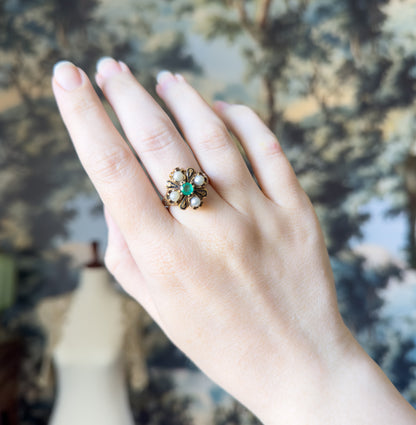 Victorian Emerald & Pearl Ring with Black Enamel in 14K Gold - As Is
