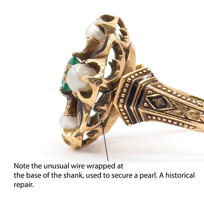 Victorian Emerald & Pearl Ring with Black Enamel in 14K Gold - As Is