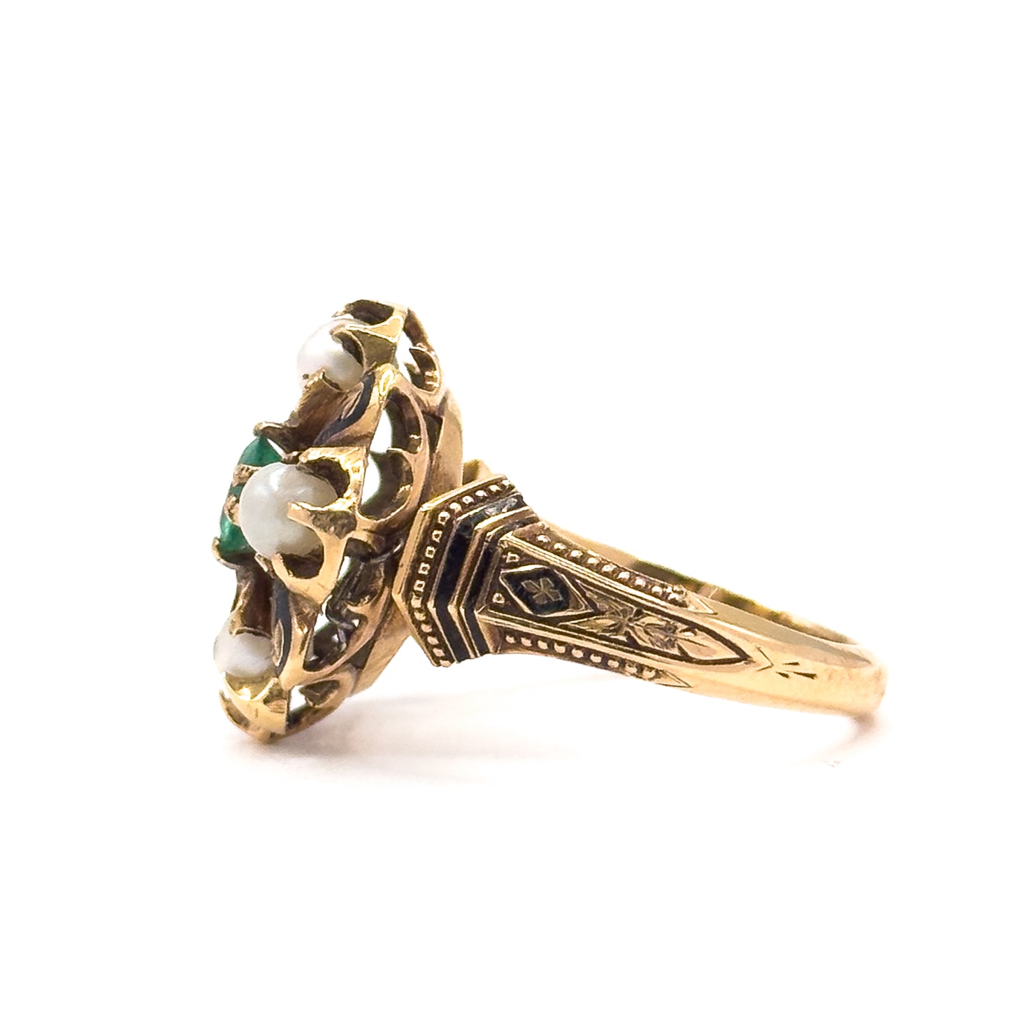 Victorian Emerald & Pearl Ring with Black Enamel in 14K Gold - As Is
