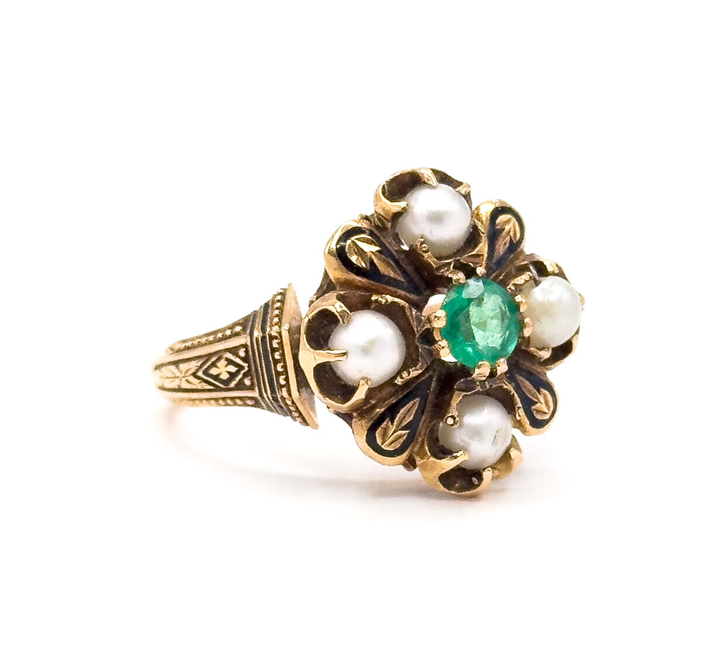 Victorian Emerald & Pearl Ring with Black Enamel in 14K Gold - As Is