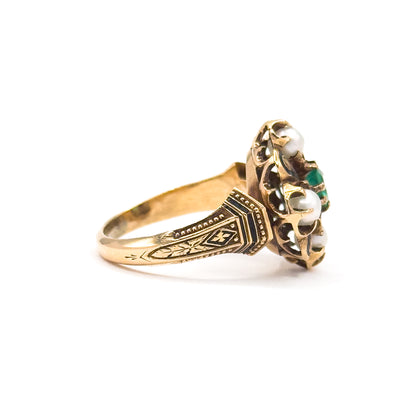 Victorian Emerald & Pearl Ring with Black Enamel in 14K Gold - As Is