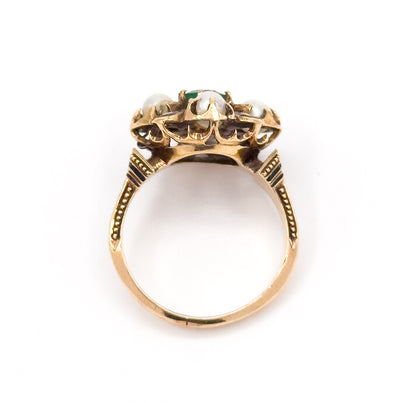Victorian Emerald & Pearl Ring with Black Enamel in 14K Gold - As Is