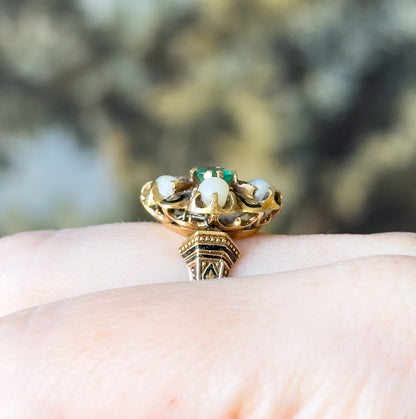 Victorian Emerald & Pearl Ring with Black Enamel in 14K Gold - As Is