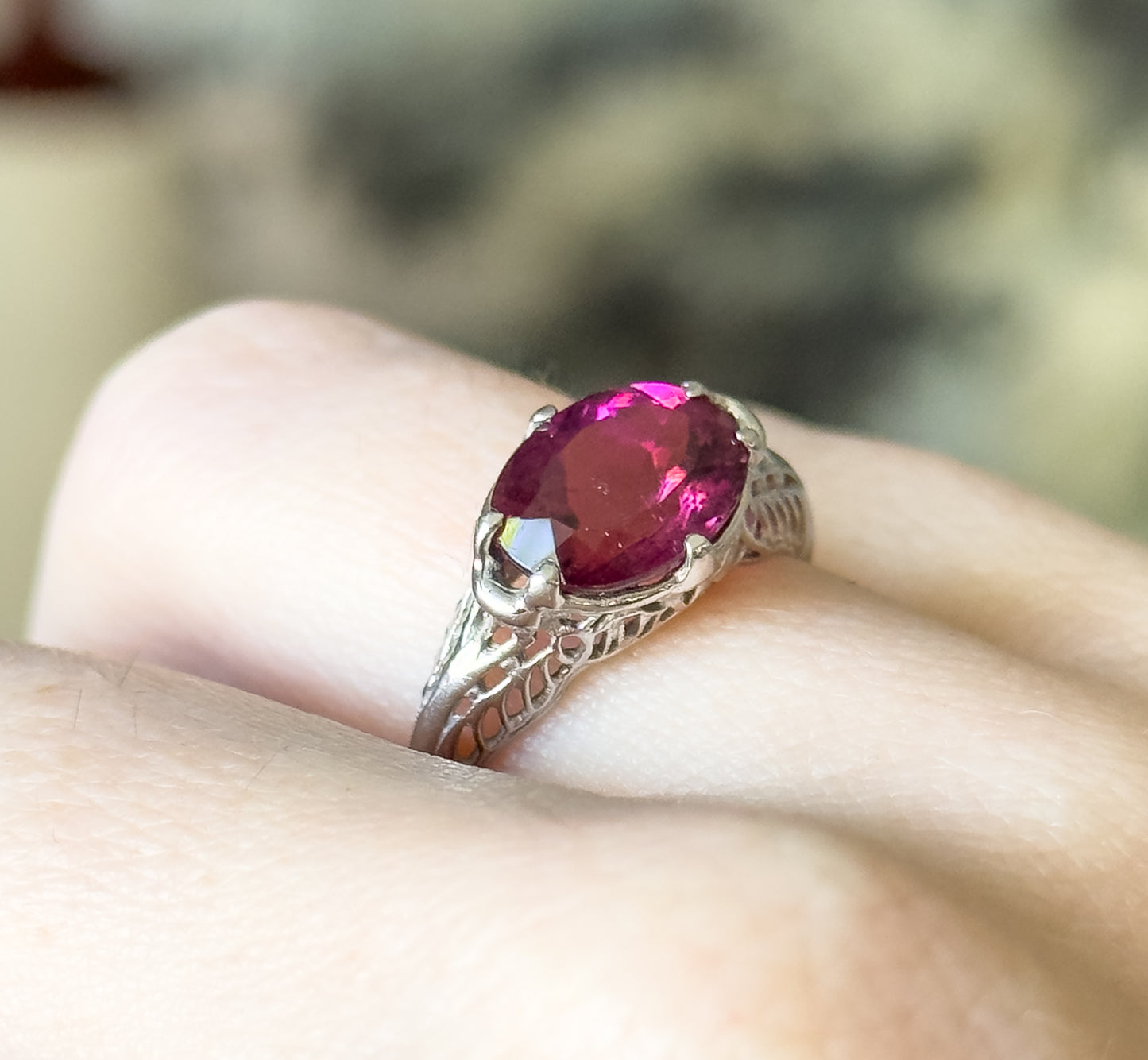 Art Deco Pink Tourmaline Ring in 14K White Gold