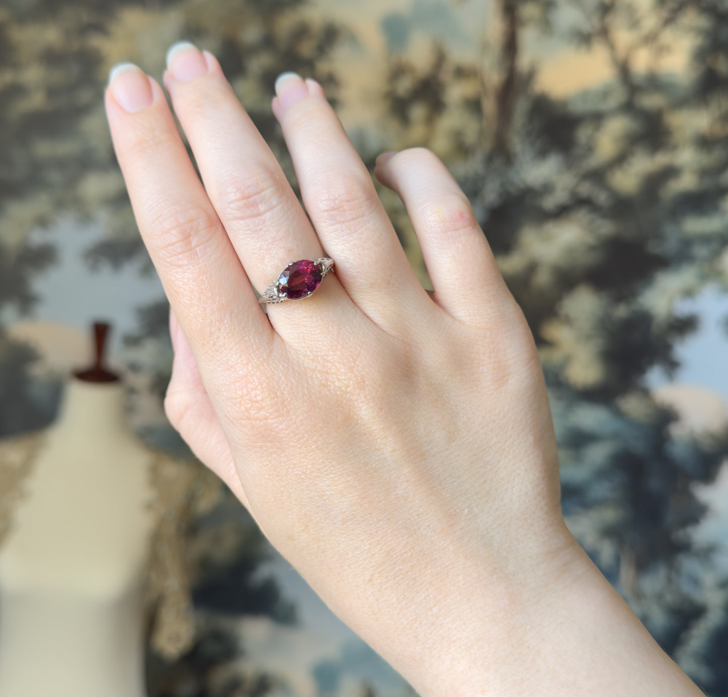 Art Deco Pink Tourmaline Ring in 14K White Gold