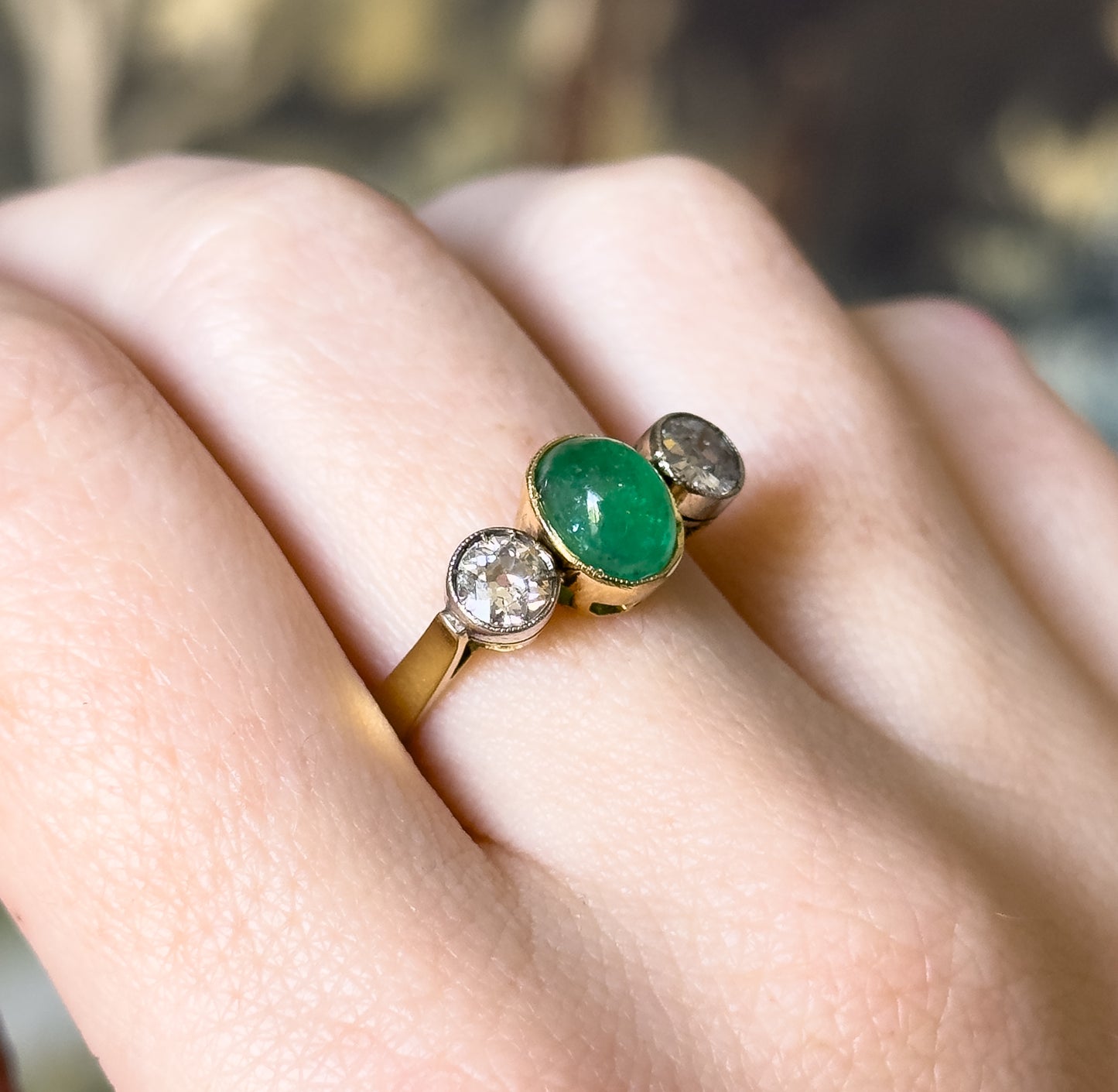 Antique Cabochon Emerald & Old European Cut Diamond Trilogy Ring in Gold