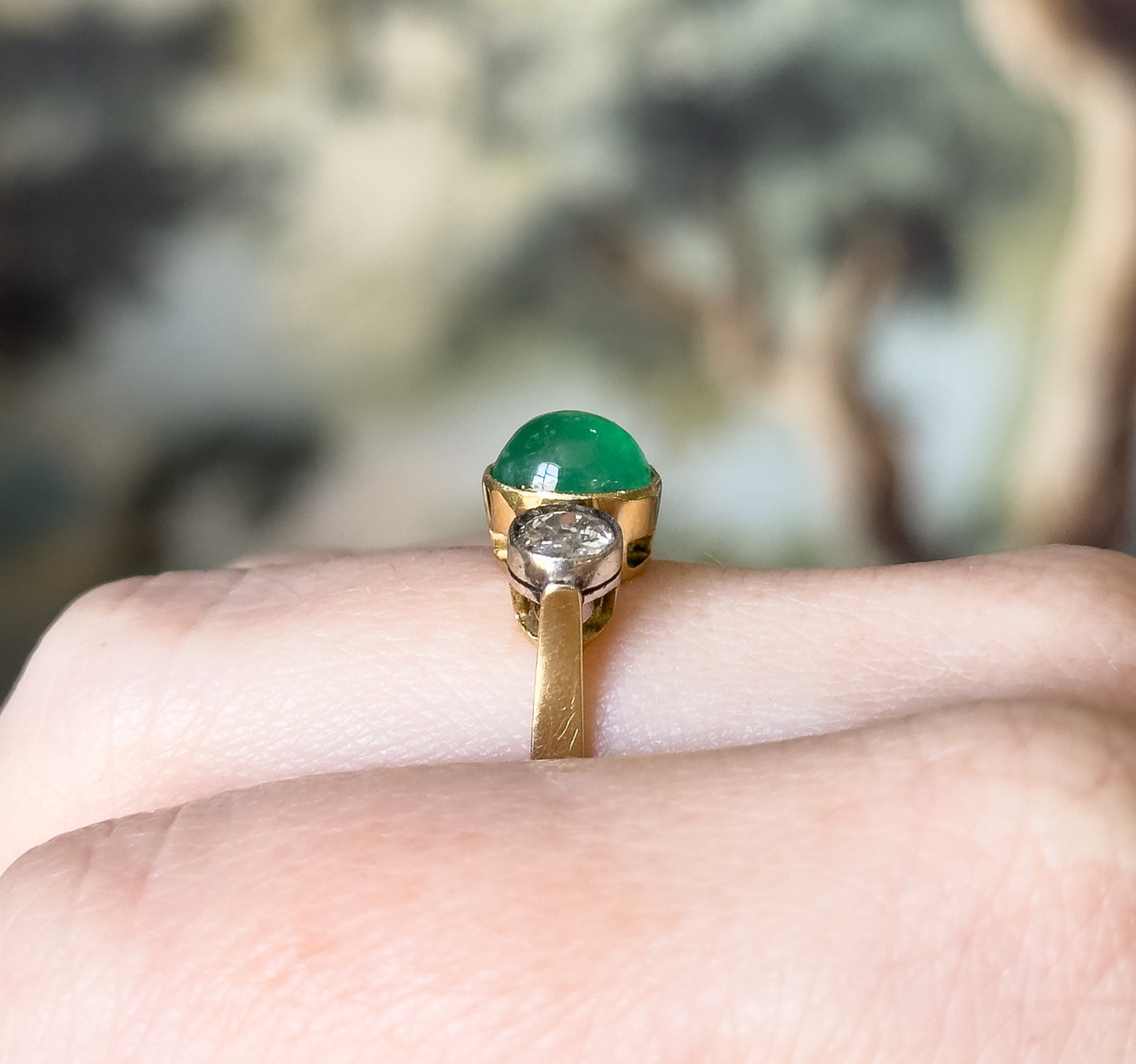 Antique Cabochon Emerald & Old European Cut Diamond Trilogy Ring in Gold