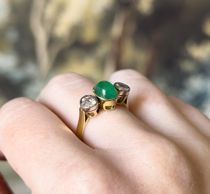 Antique Cabochon Emerald & Old European Cut Diamond Trilogy Ring in Gold