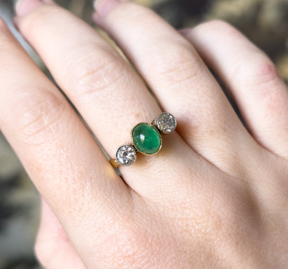 Antique Cabochon Emerald & Old European Cut Diamond Trilogy Ring in Gold