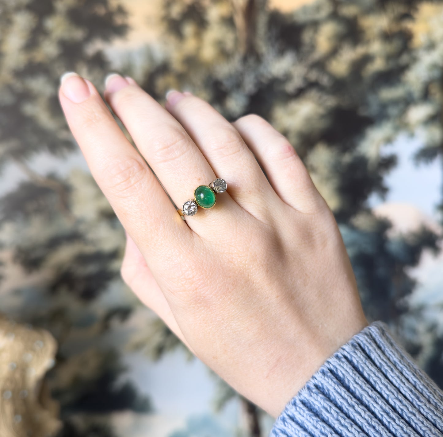 Antique Cabochon Emerald & Old European Cut Diamond Trilogy Ring in Gold