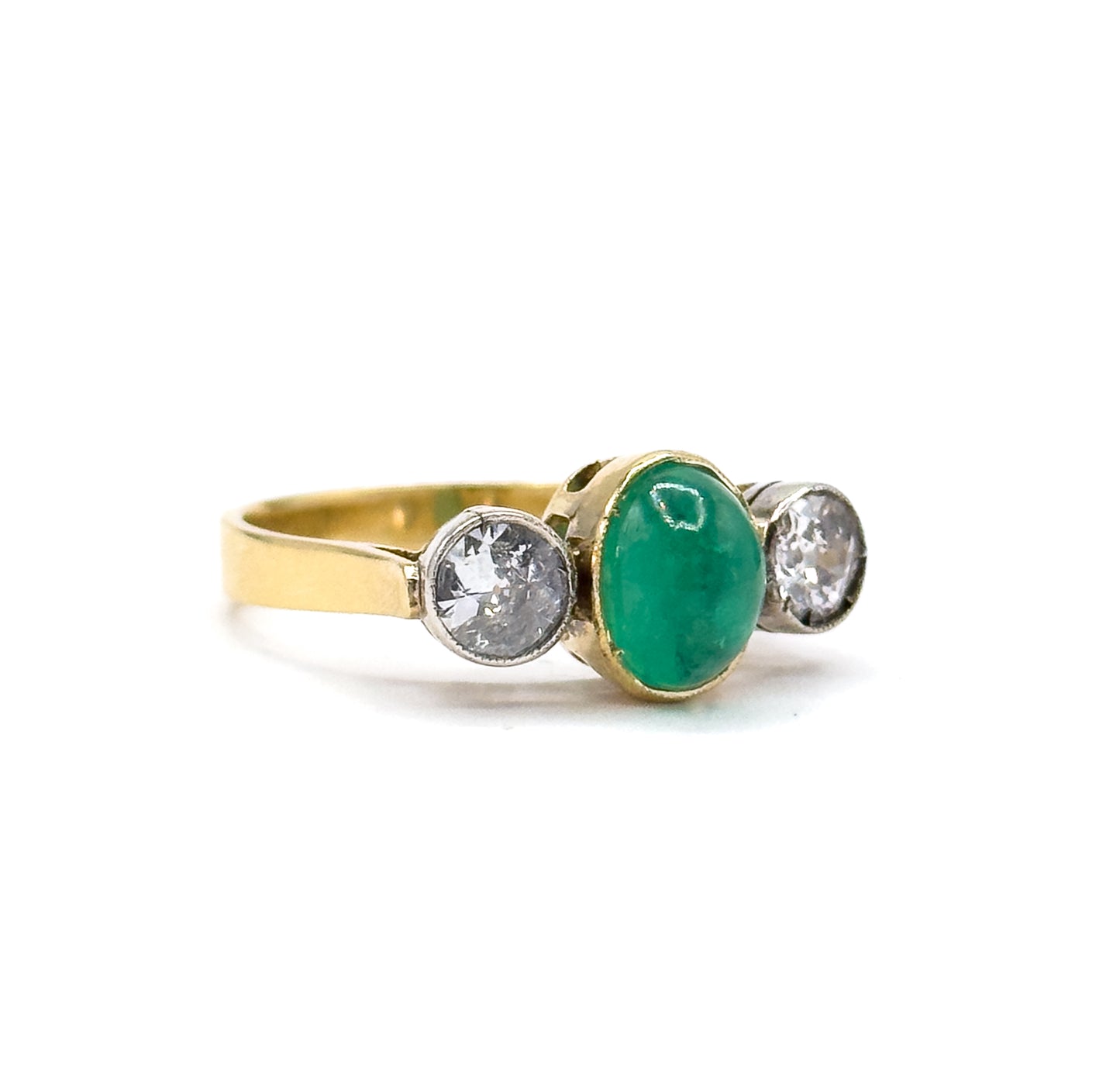 Antique Cabochon Emerald & Old European Cut Diamond Trilogy Ring in Gold