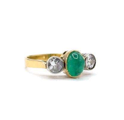 Antique Cabochon Emerald & Old European Cut Diamond Trilogy Ring in Gold