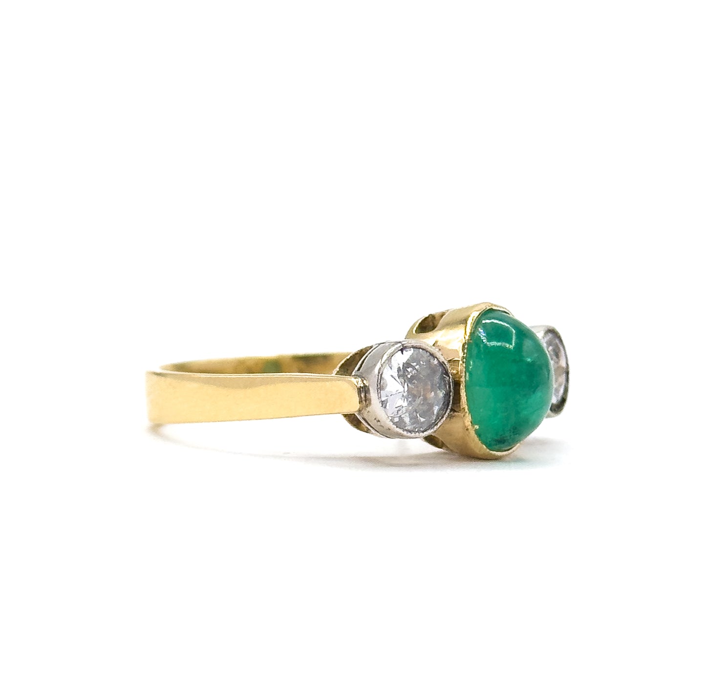 Antique Cabochon Emerald & Old European Cut Diamond Trilogy Ring in Gold