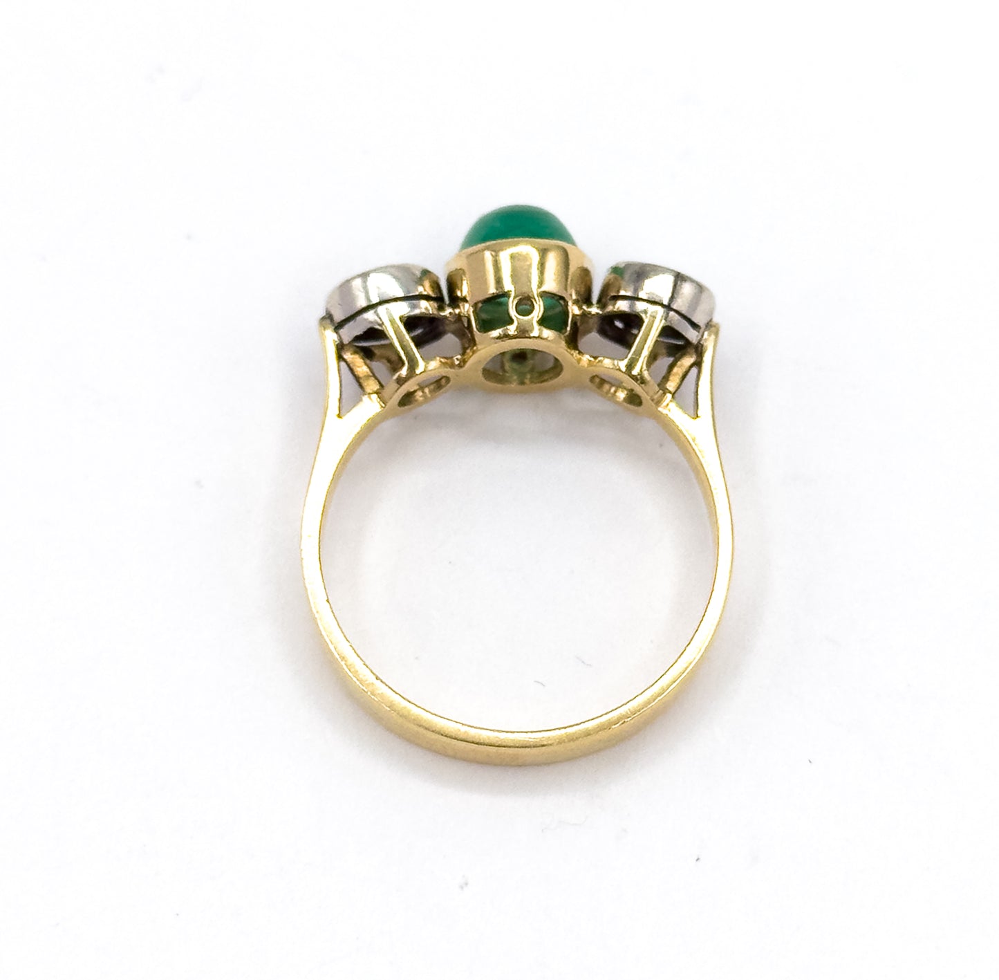 Antique Cabochon Emerald & Old European Cut Diamond Trilogy Ring in Gold