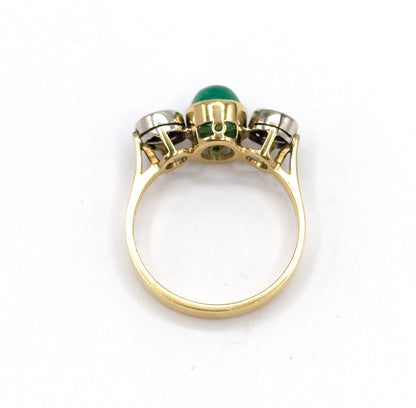 Antique Cabochon Emerald & Old European Cut Diamond Trilogy Ring in Gold