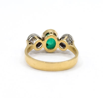 Antique Cabochon Emerald & Old European Cut Diamond Trilogy Ring in Gold