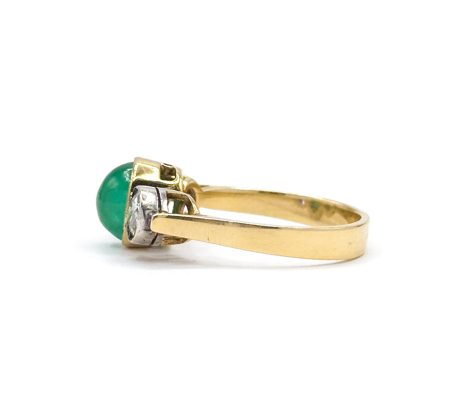 Antique Cabochon Emerald & Old European Cut Diamond Trilogy Ring in Gold