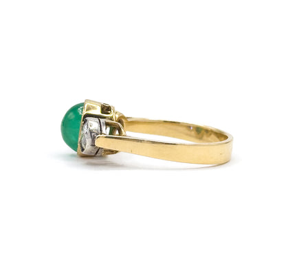 Antique Cabochon Emerald & Old European Cut Diamond Trilogy Ring in Gold