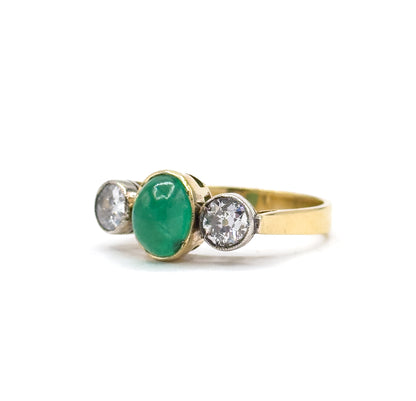 Antique Cabochon Emerald & Old European Cut Diamond Trilogy Ring in Gold