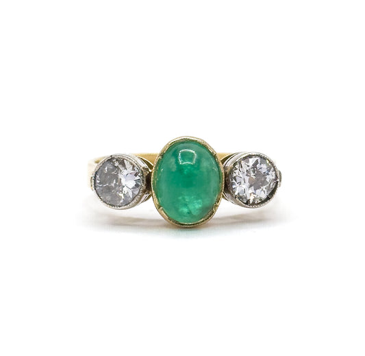 Antique Cabochon Emerald & Old European Cut Diamond Trilogy Ring in Gold