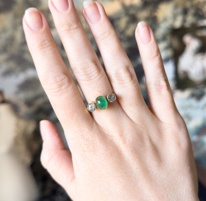 Antique Cabochon Emerald & Old European Cut Diamond Trilogy Ring in Gold