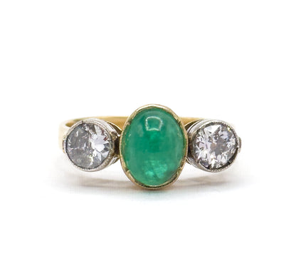 Antique Cabochon Emerald & Old European Cut Diamond Trilogy Ring in Gold