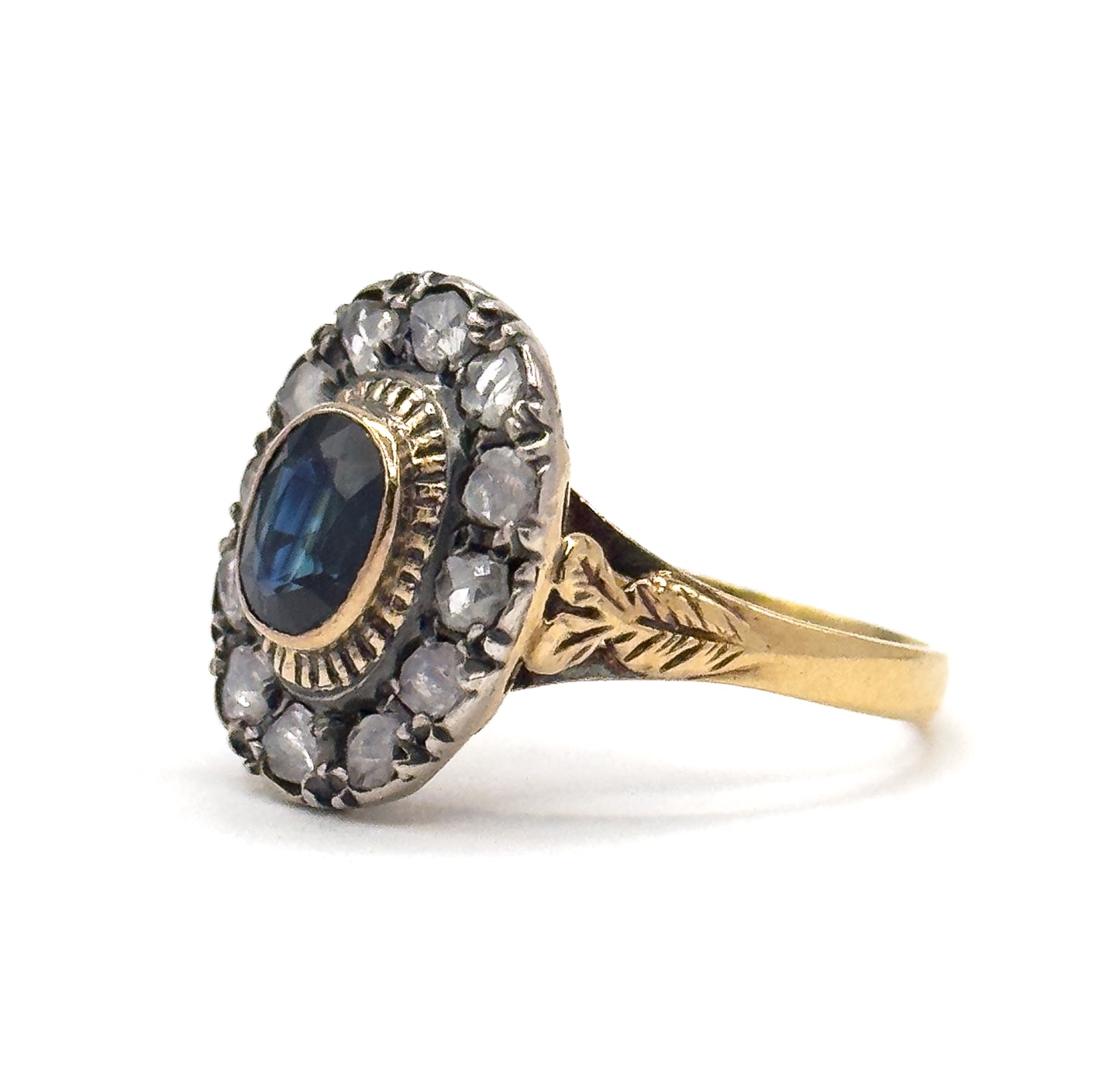 Antique Sapphire & Diamond Halo Ring in 18K Gold