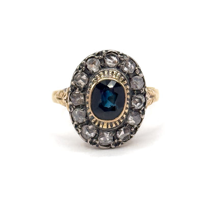 Antique Sapphire & Diamond Halo Ring in 18K Gold