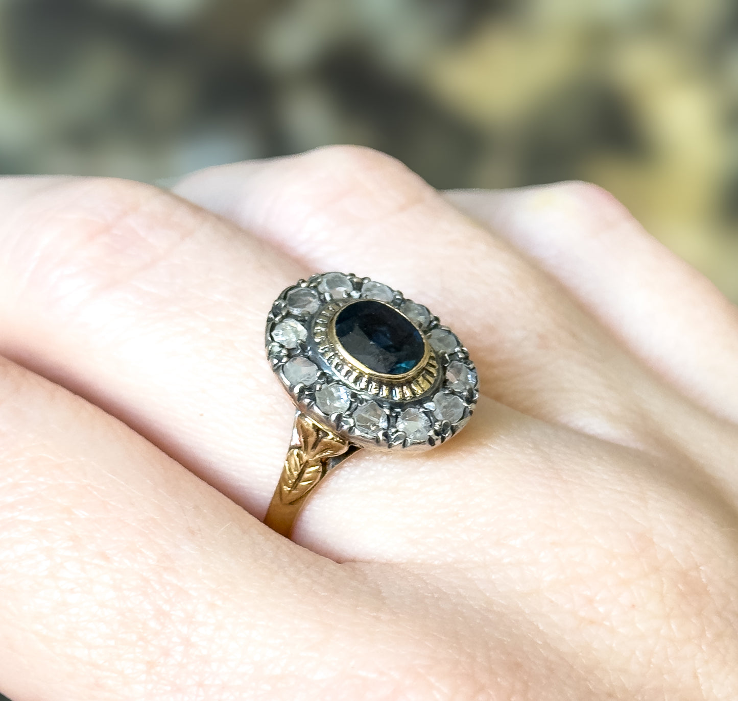 Antique Sapphire & Diamond Halo Ring in 18K Gold