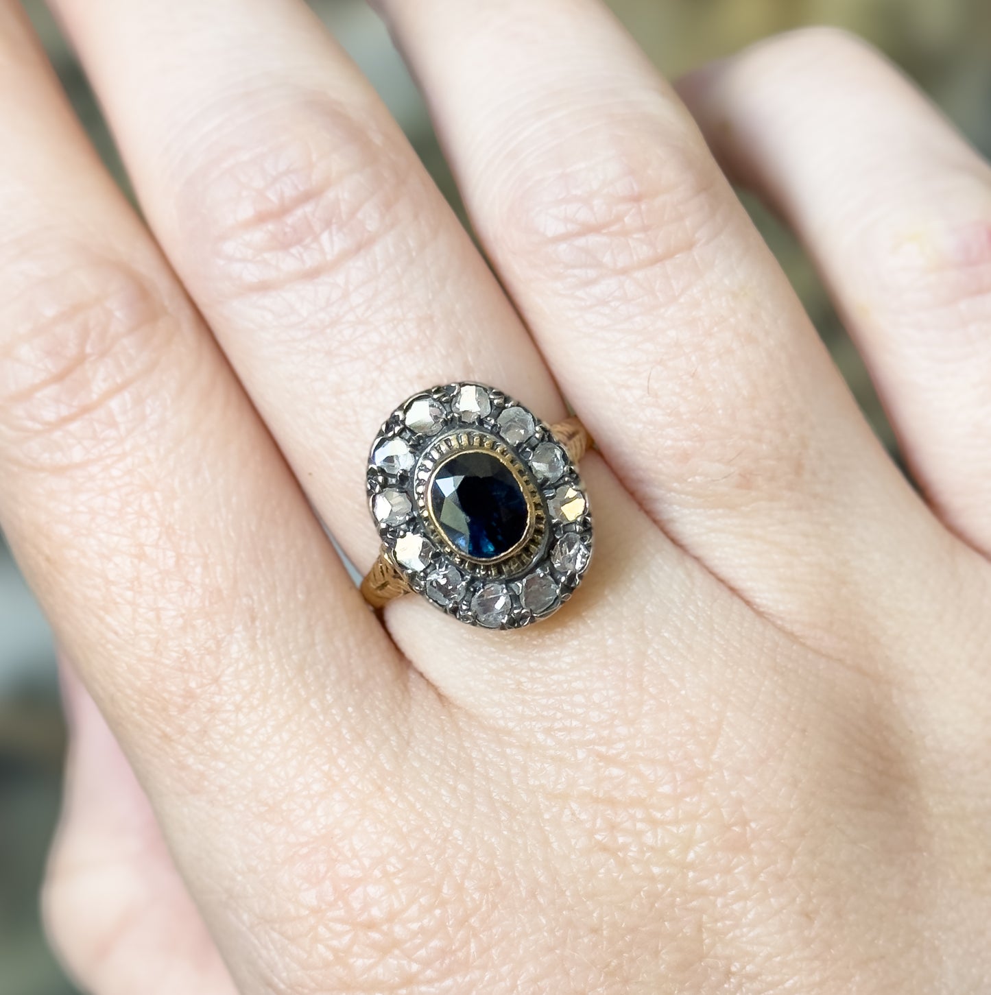 Antique Sapphire & Diamond Halo Ring in 18K Gold