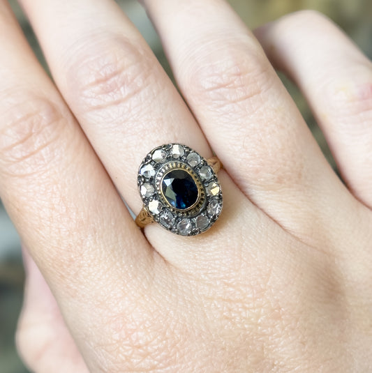 Antique Sapphire & Diamond Halo Ring in 18K Gold