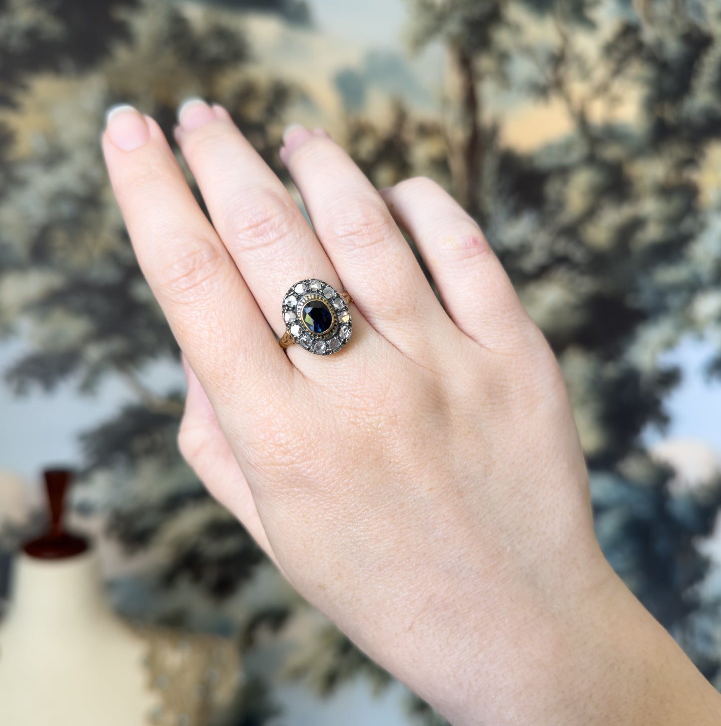 Antique Sapphire & Diamond Halo Ring in 18K Gold